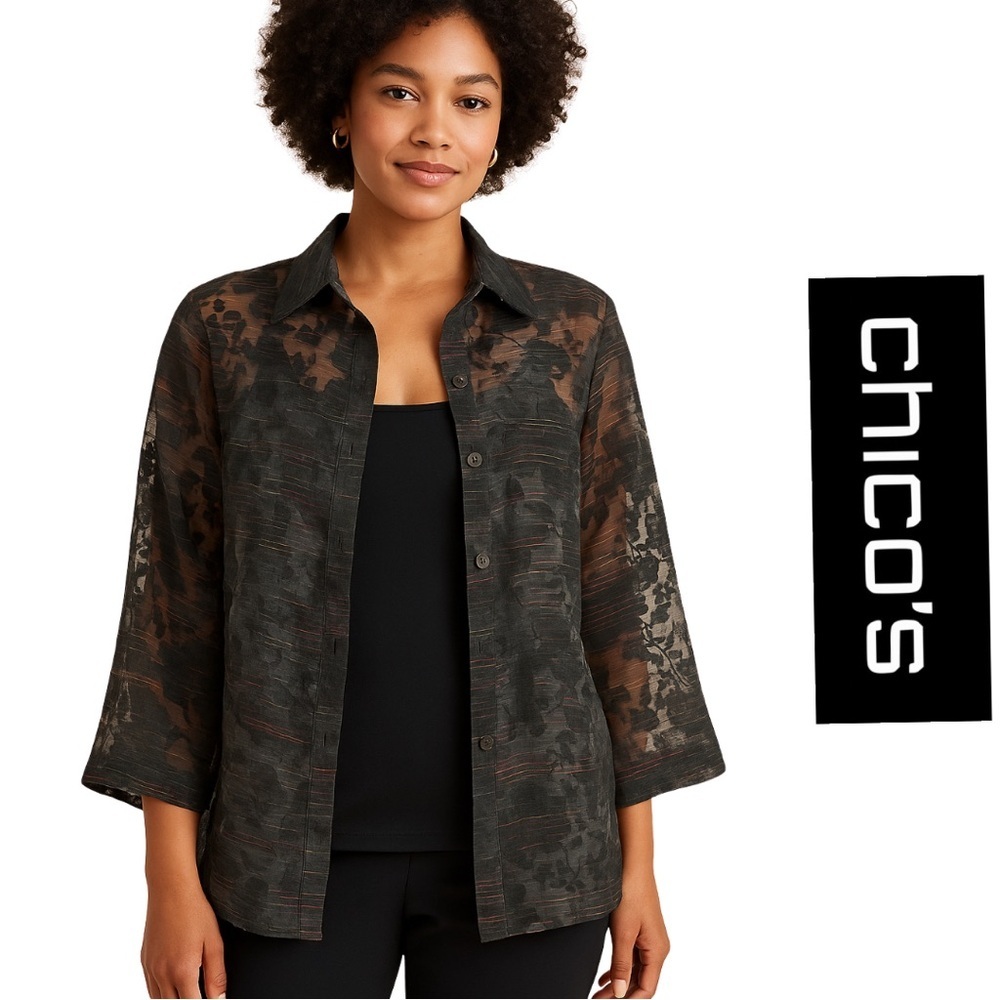 Chico’s Sheer Black 3/4 Sleeve Button Done Blouse Like New Chico’s 0 US 4-6